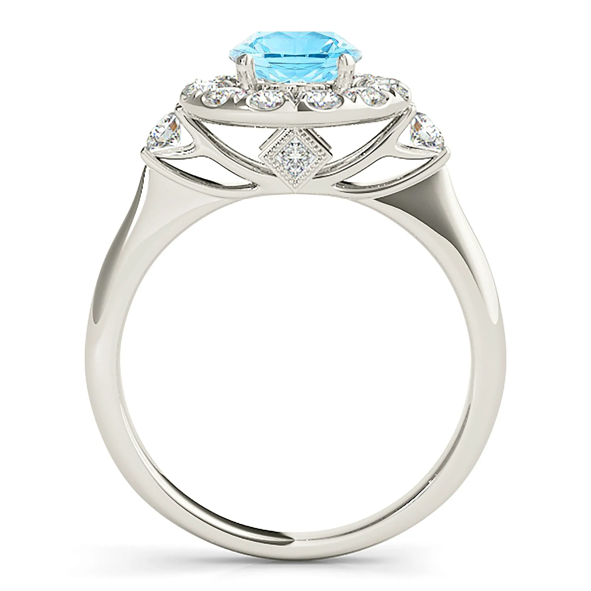 1.10 ct. Genuine Aquamarine Ring With  Halo And Two Side Round Diamonds