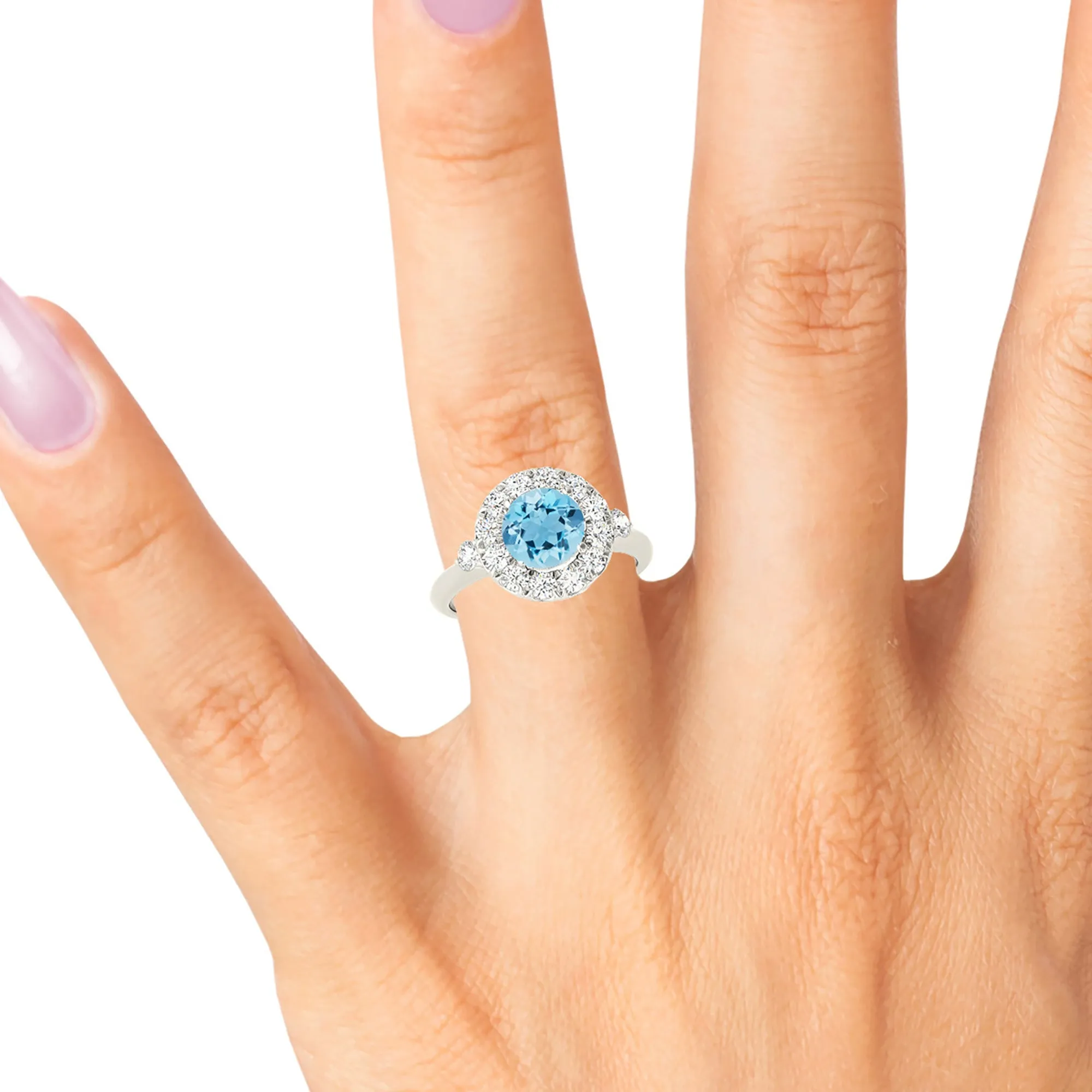 1.10 ct. Genuine Aquamarine Ring With  Halo And Two Side Round Diamonds