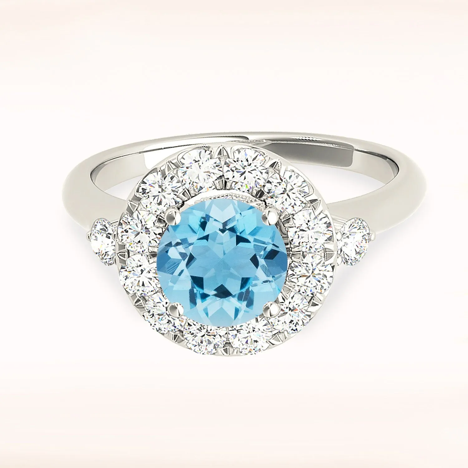 1.10 ct. Genuine Aquamarine Ring With  Halo And Two Side Round Diamonds