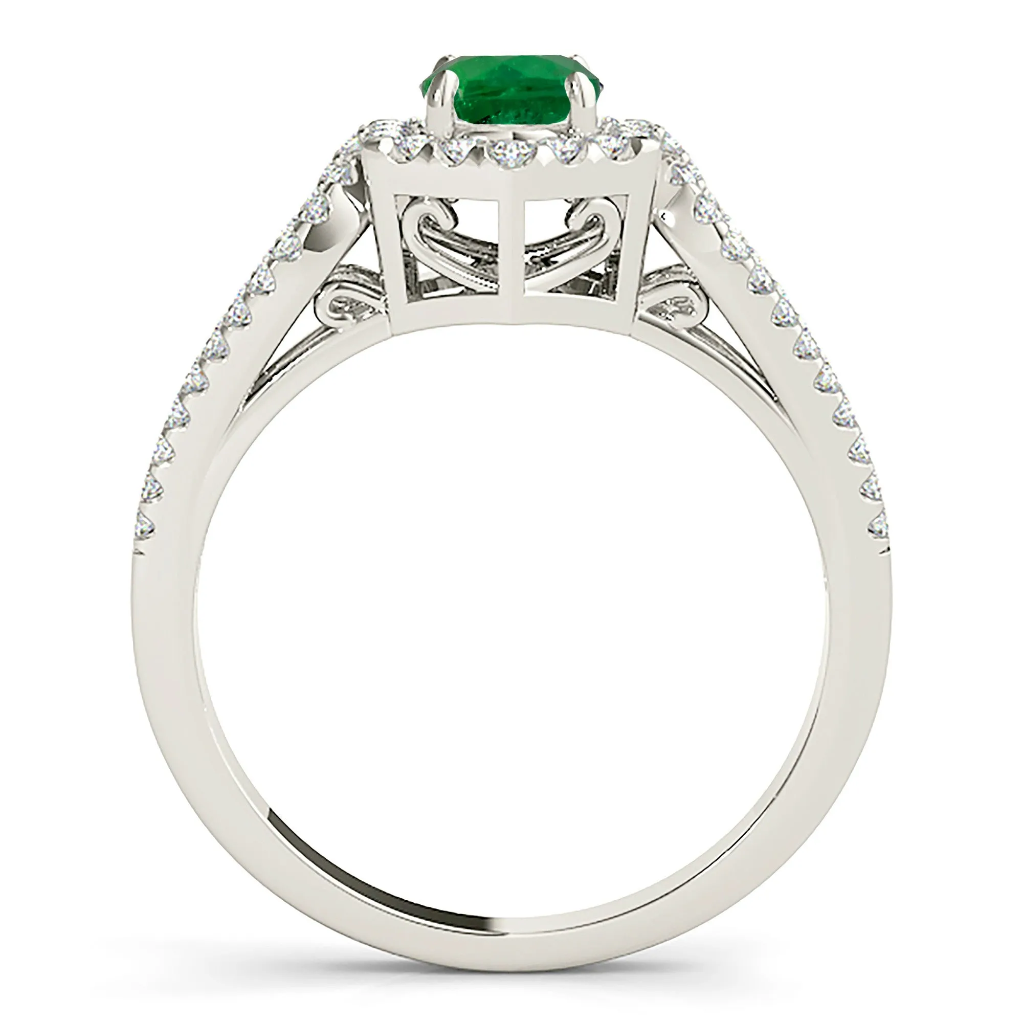1.15 ct. Genuine Emerald Ring With Halo And Open Leaf Shape Split Band
