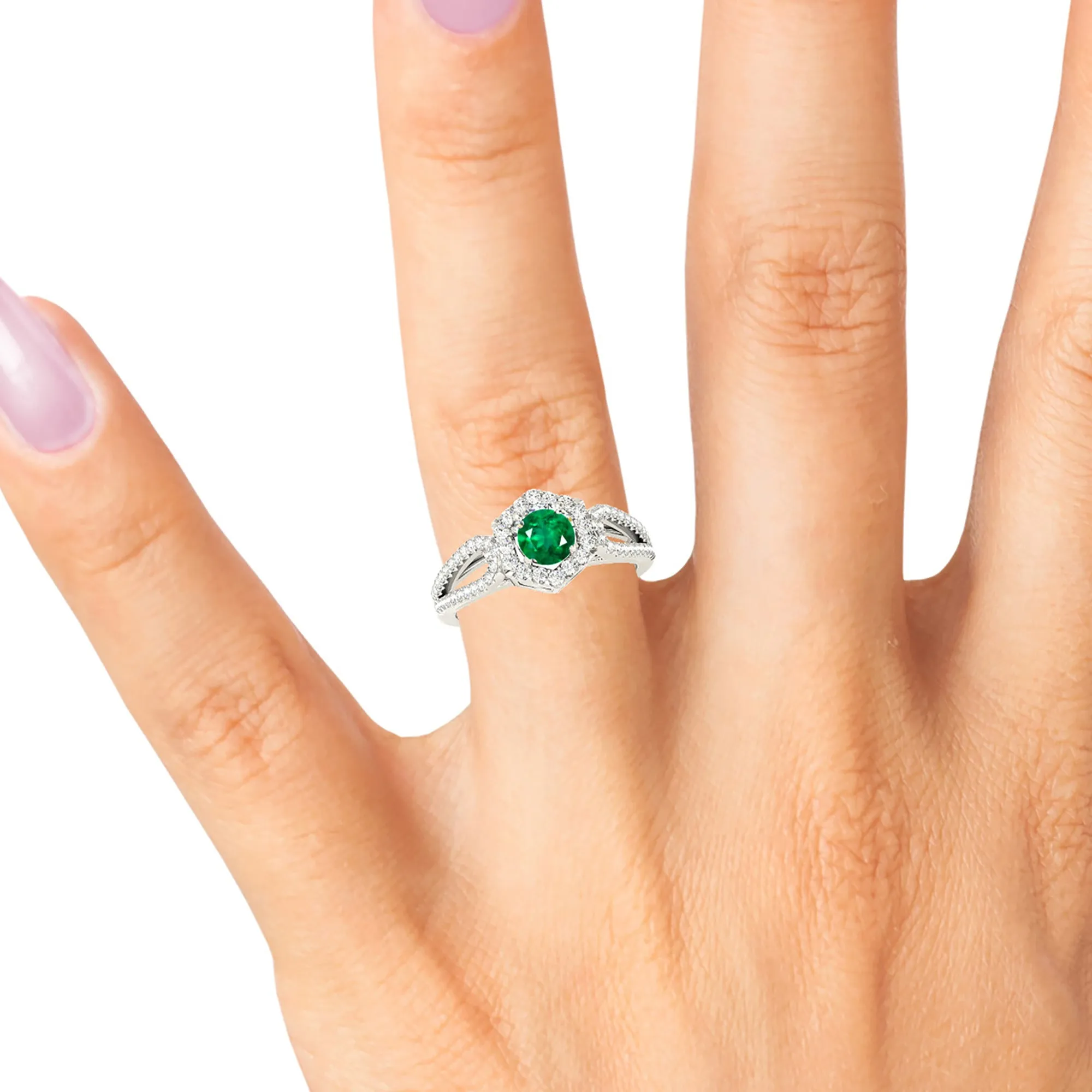 1.15 ct. Genuine Emerald Ring With Halo And Open Leaf Shape Split Band