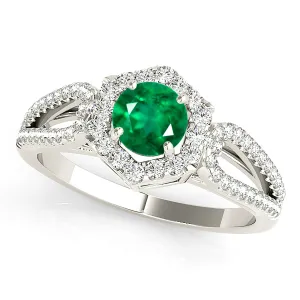 1.15 ct. Genuine Emerald Ring With Halo And Open Leaf Shape Split Band