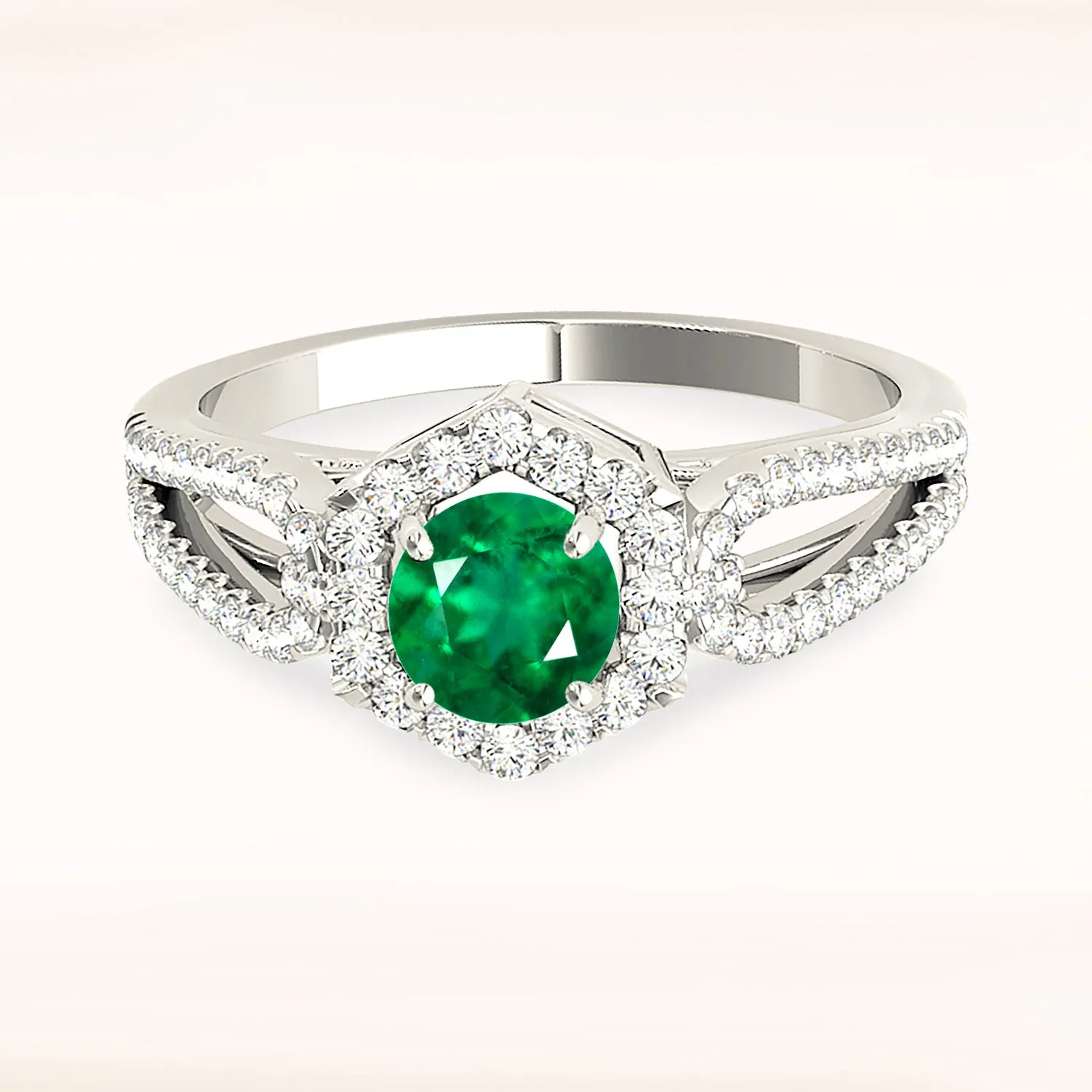 1.15 ct. Genuine Emerald Ring With Halo And Open Leaf Shape Split Band