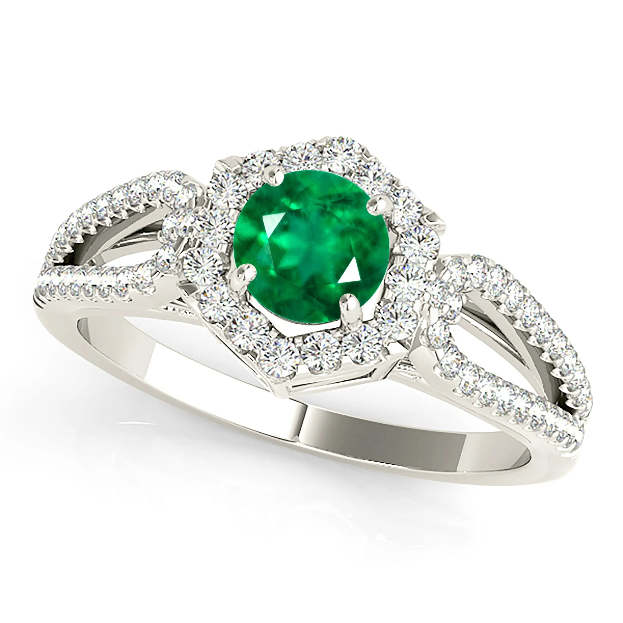 1.15 ct. Genuine Emerald Ring With Halo And Open Leaf Shape Split Band