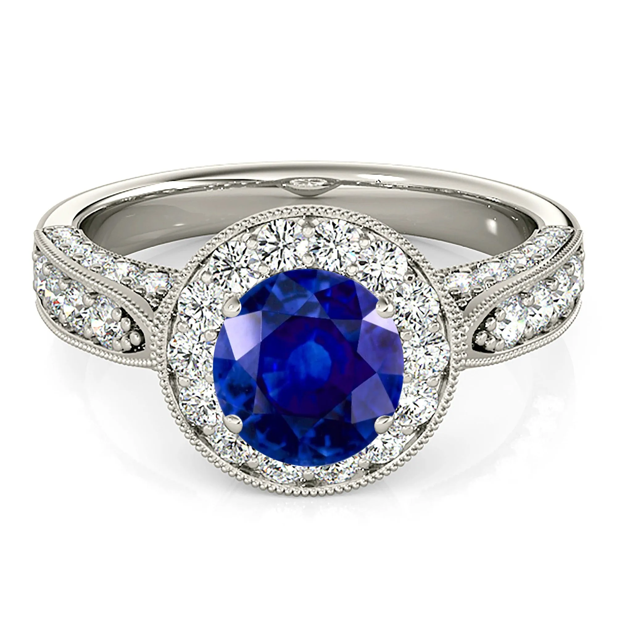 1.35 ct. Genuine Blue Sapphire Milgrain Halo Ring