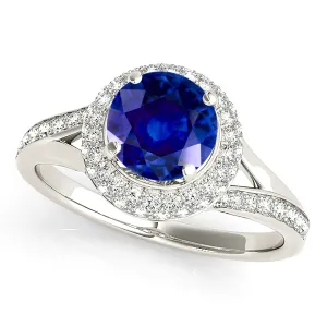 1.35 ct. Genuine Blue Sapphire Split Shank Beautiful Pave Set Halo Ring