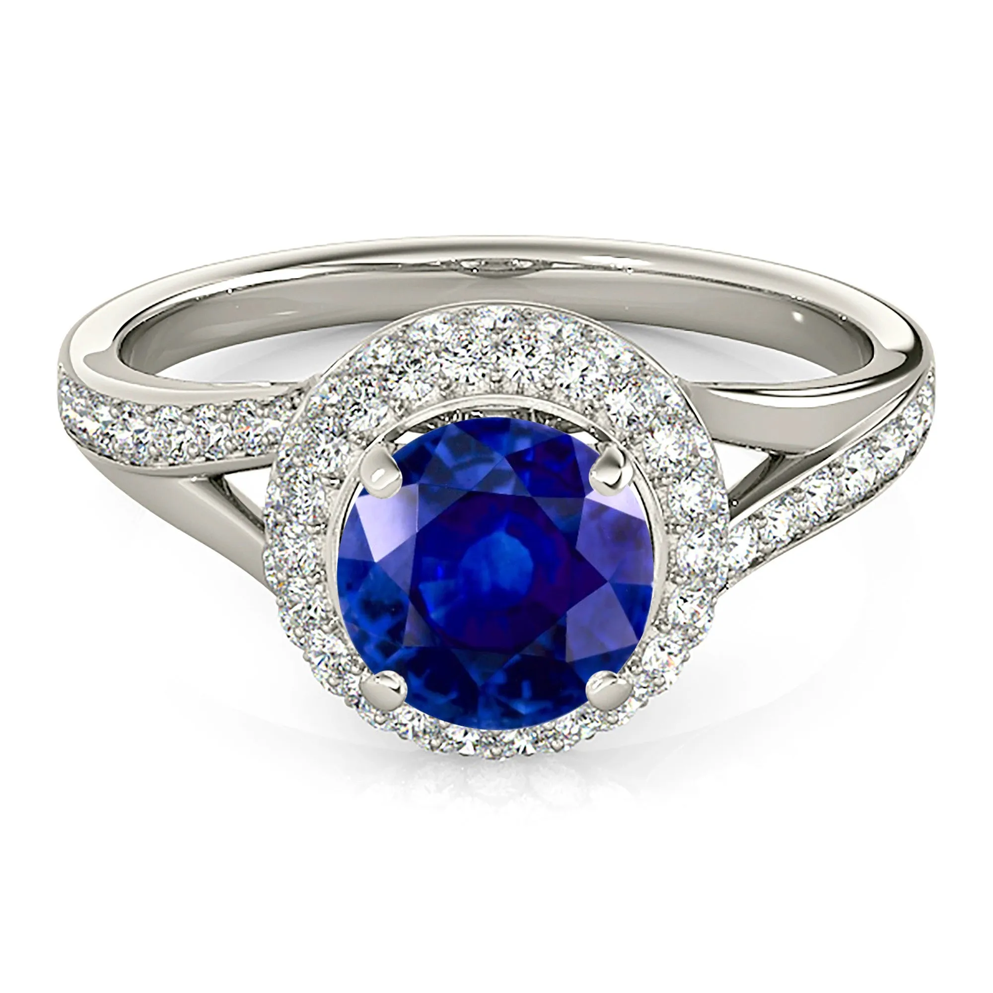1.35 ct. Genuine Blue Sapphire Split Shank Beautiful Pave Set Halo Ring