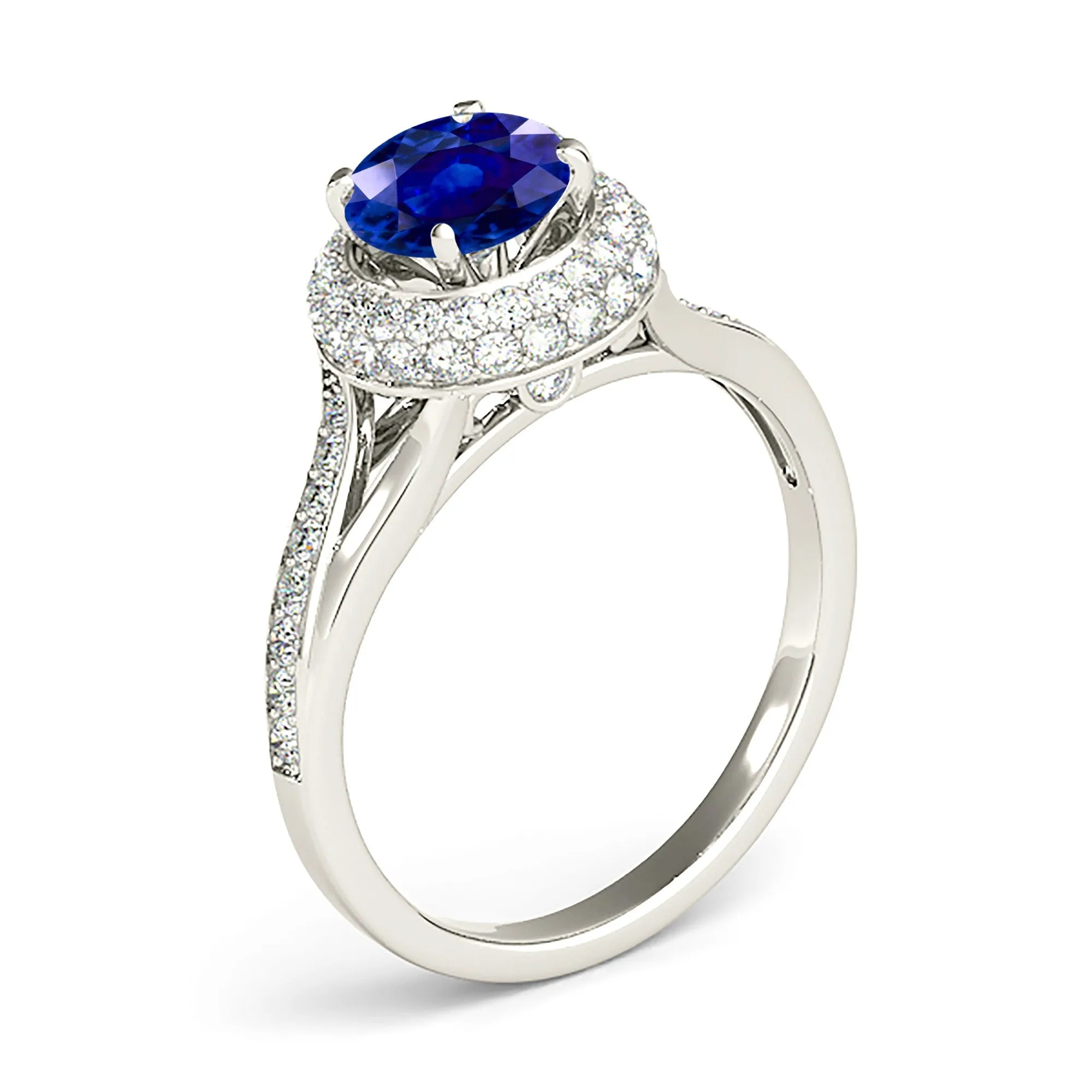 1.35 ct. Genuine Blue Sapphire Split Shank Beautiful Pave Set Halo Ring