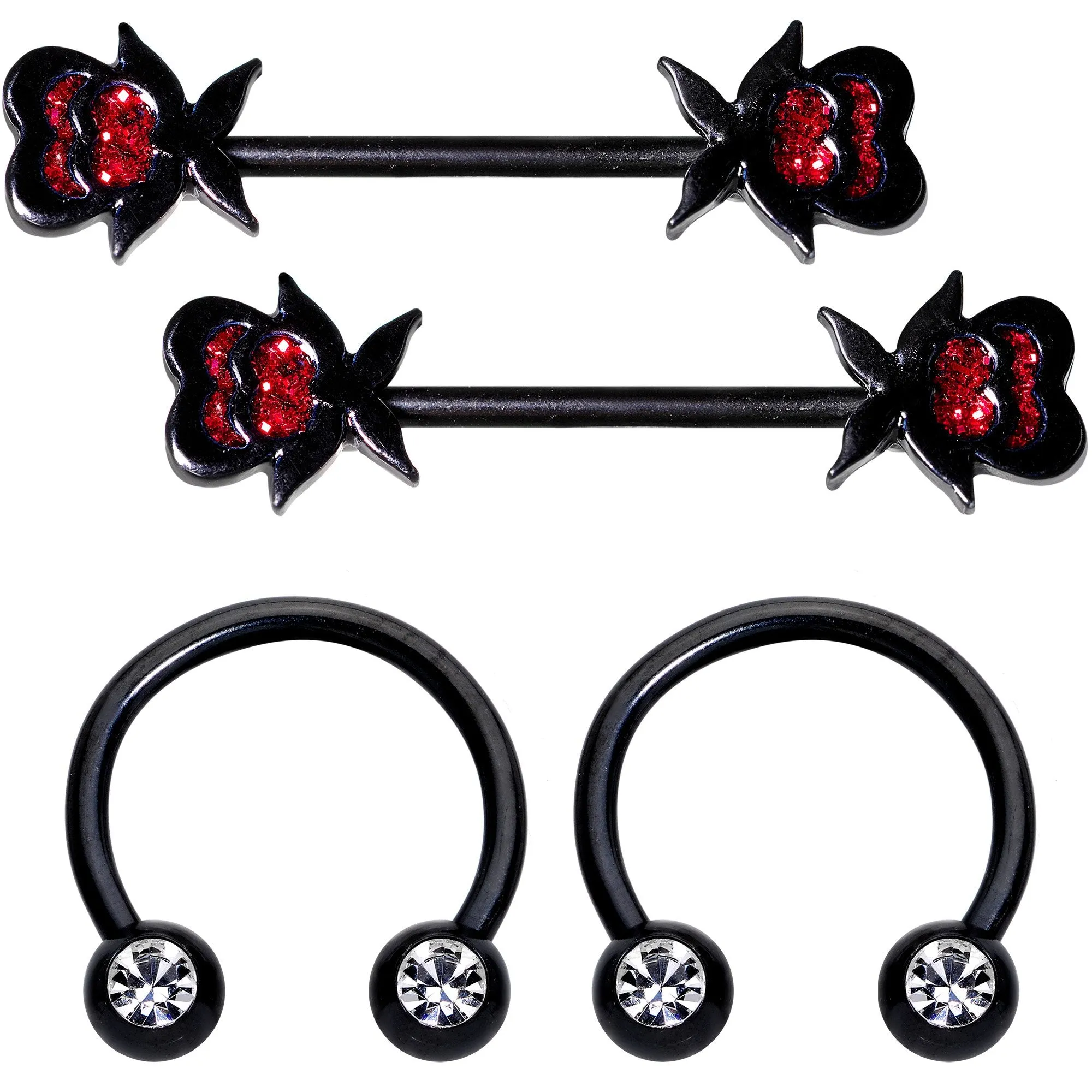 14 Gauge Clear Gem Heart Black Horseshoe Barbell Nipple Ring  Set