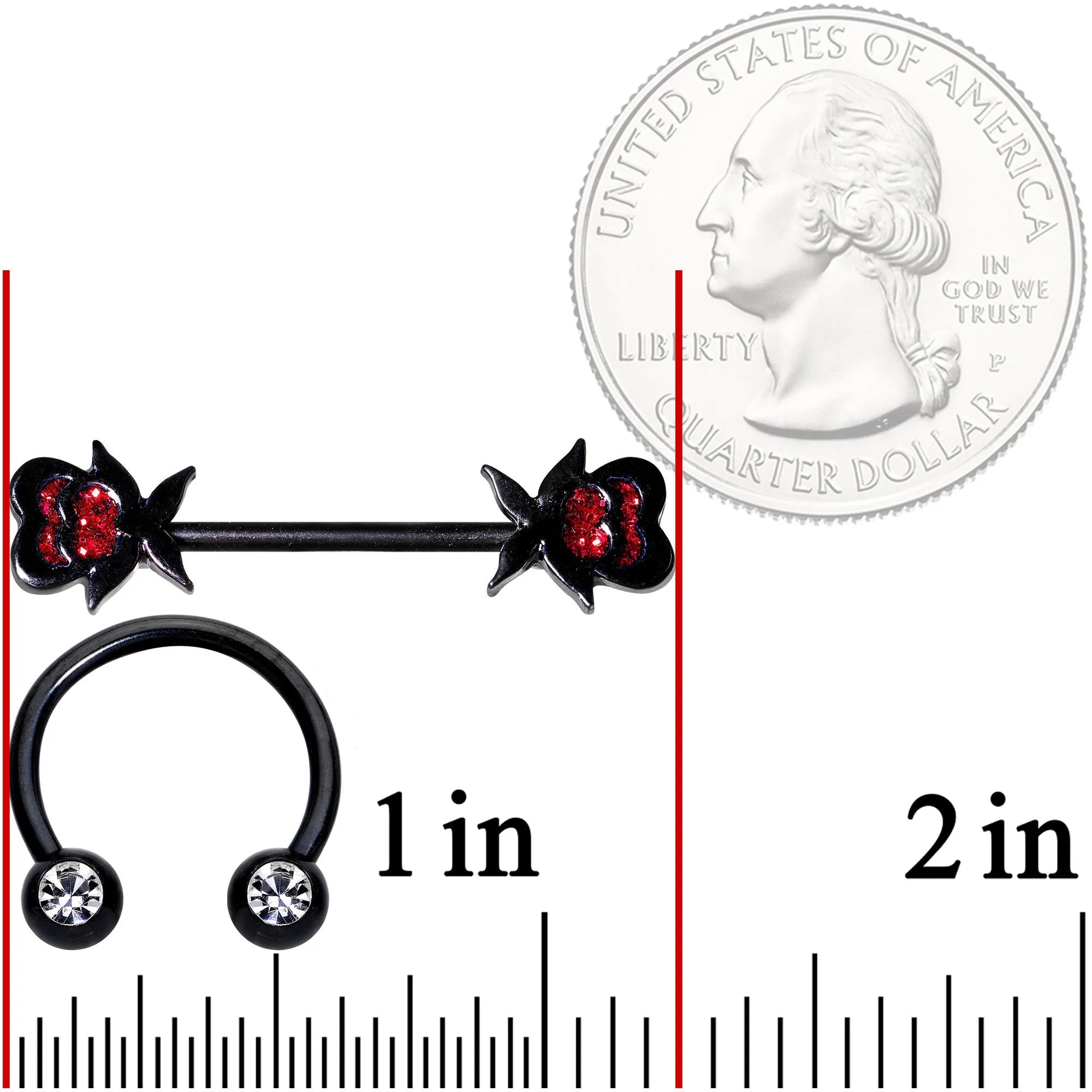 14 Gauge Clear Gem Heart Black Horseshoe Barbell Nipple Ring  Set