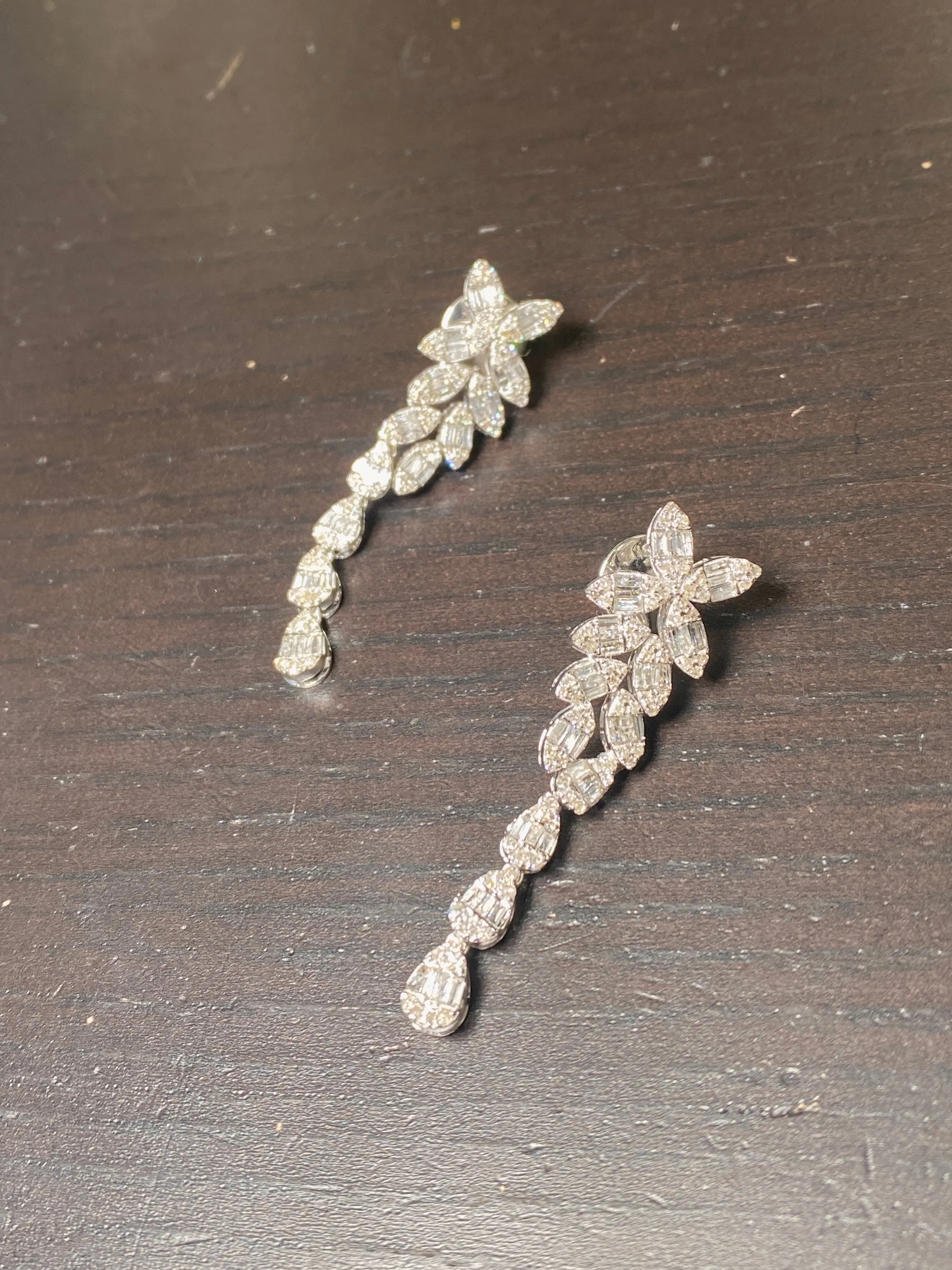 14K Bridal Flower Baguette Hanging Earrings