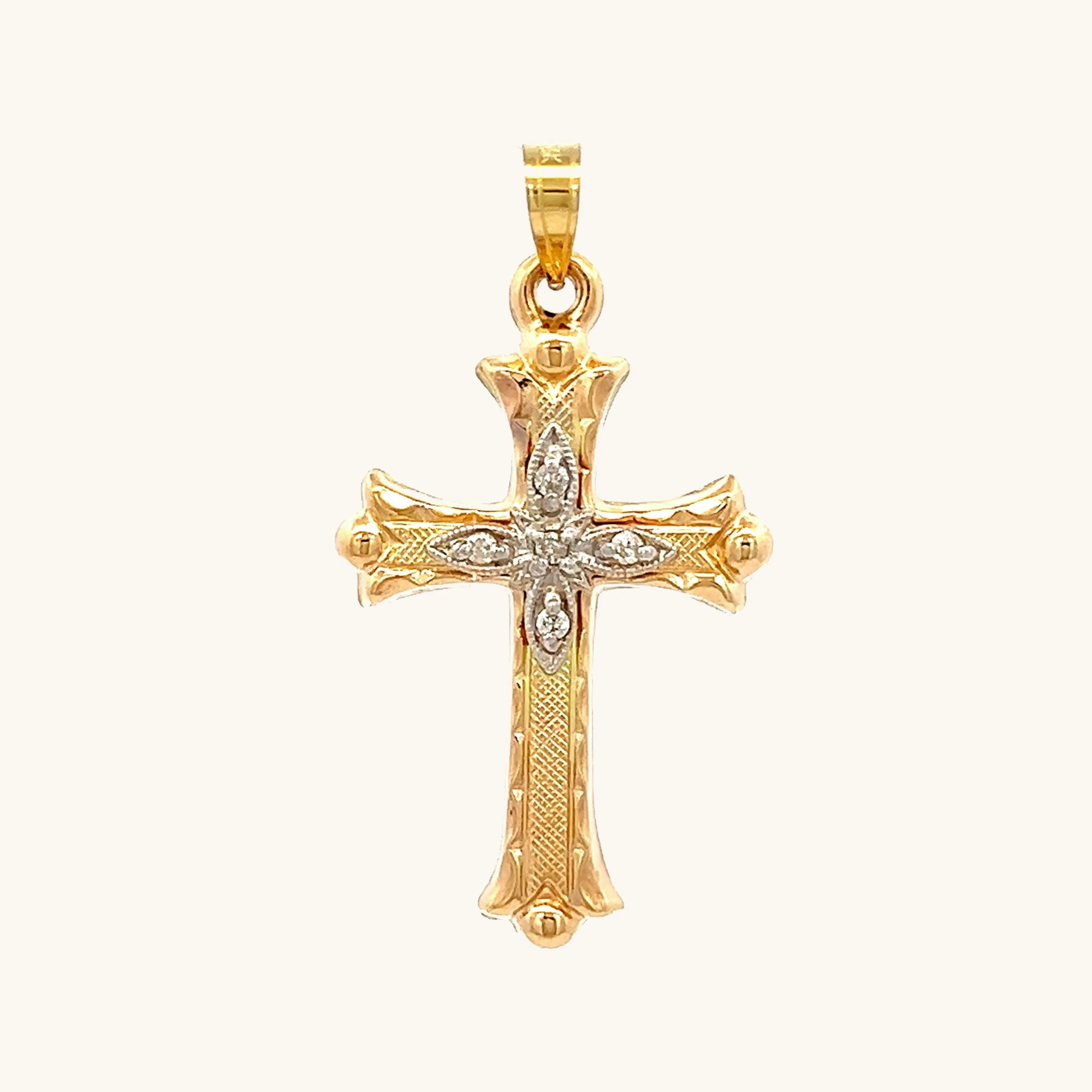 14K GOLD FLORENTINE .05CT DIAMOND CROSS PENDANT