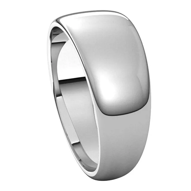 14K White Gold 8 mm Half Round Tapered Wedding Band