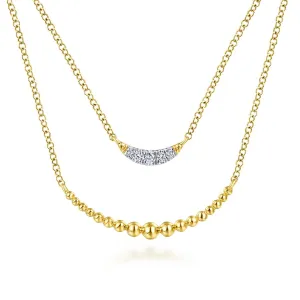 14K Yellow Gold Two Strand Diamond Crescent and Bujukan Beaded Necklace