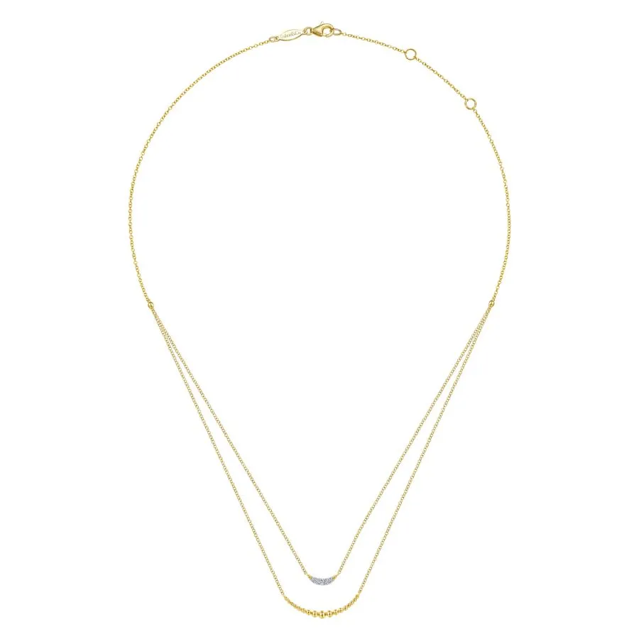 14K Yellow Gold Two Strand Diamond Crescent and Bujukan Beaded Necklace