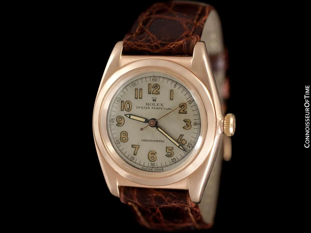 1946 Rolex Vintage Mens Oyster Perpetual Bubbleback Watch, Ref. 3131 - 14K Rose Gold