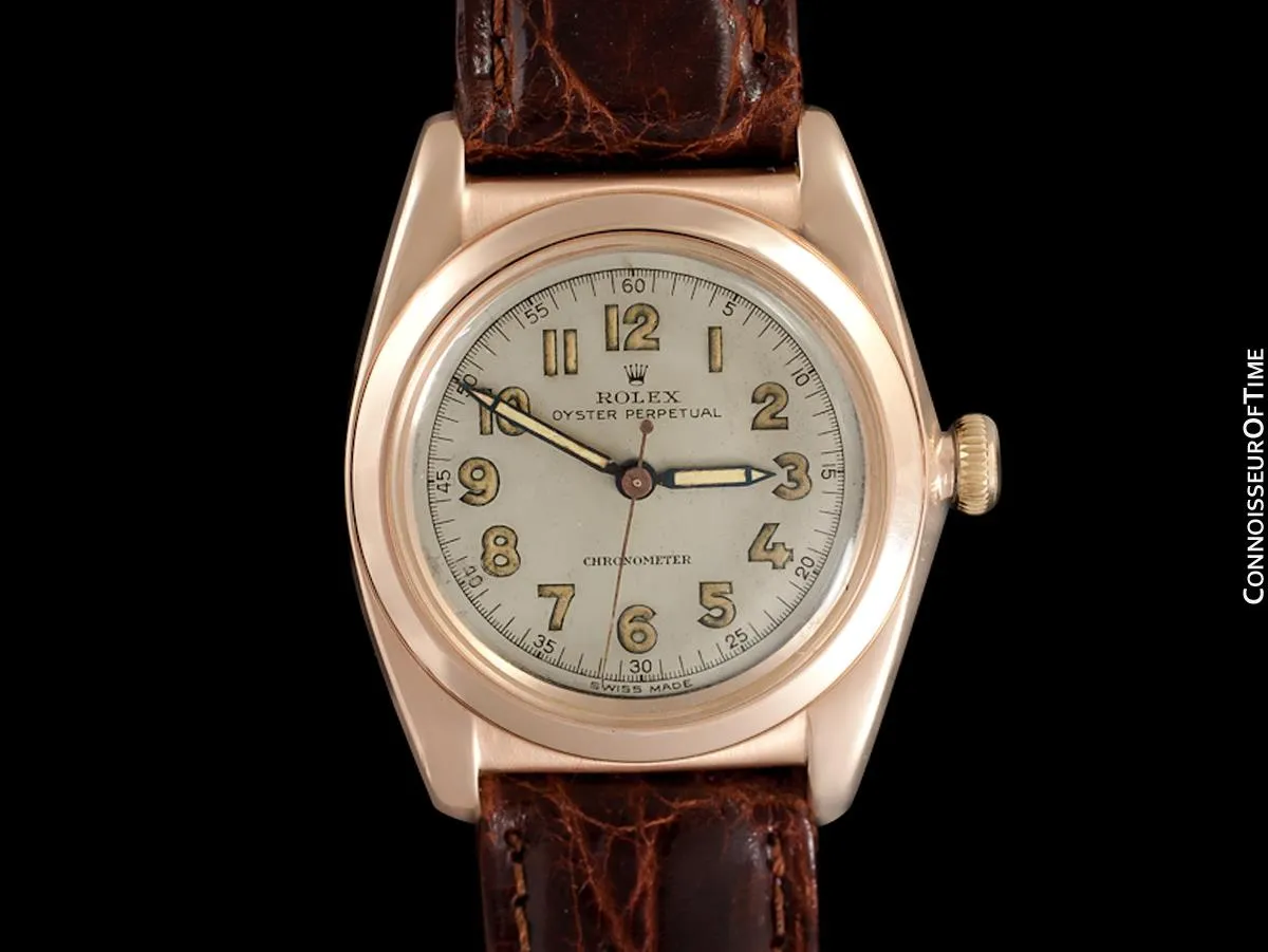 1946 Rolex Vintage Mens Oyster Perpetual Bubbleback Watch, Ref. 3131 - 14K Rose Gold