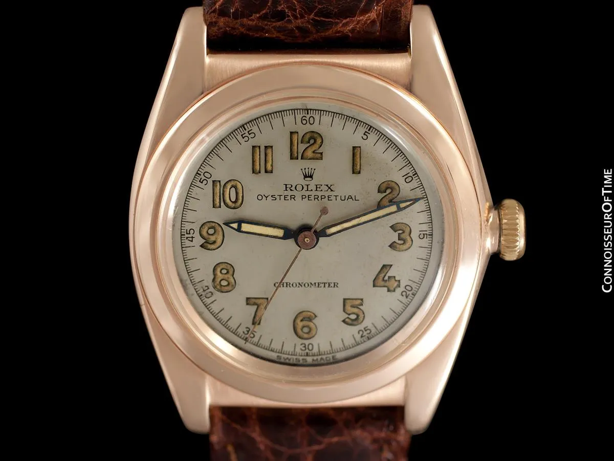 1946 Rolex Vintage Mens Oyster Perpetual Bubbleback Watch, Ref. 3131 - 14K Rose Gold