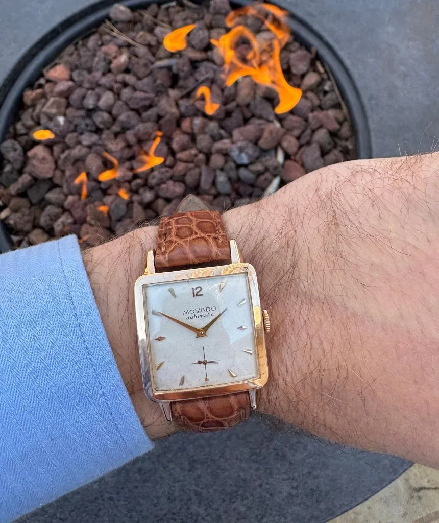 1950's Movado Vintage Mens "In-House" Automatic Cushion Watch - 18K Rose Gold