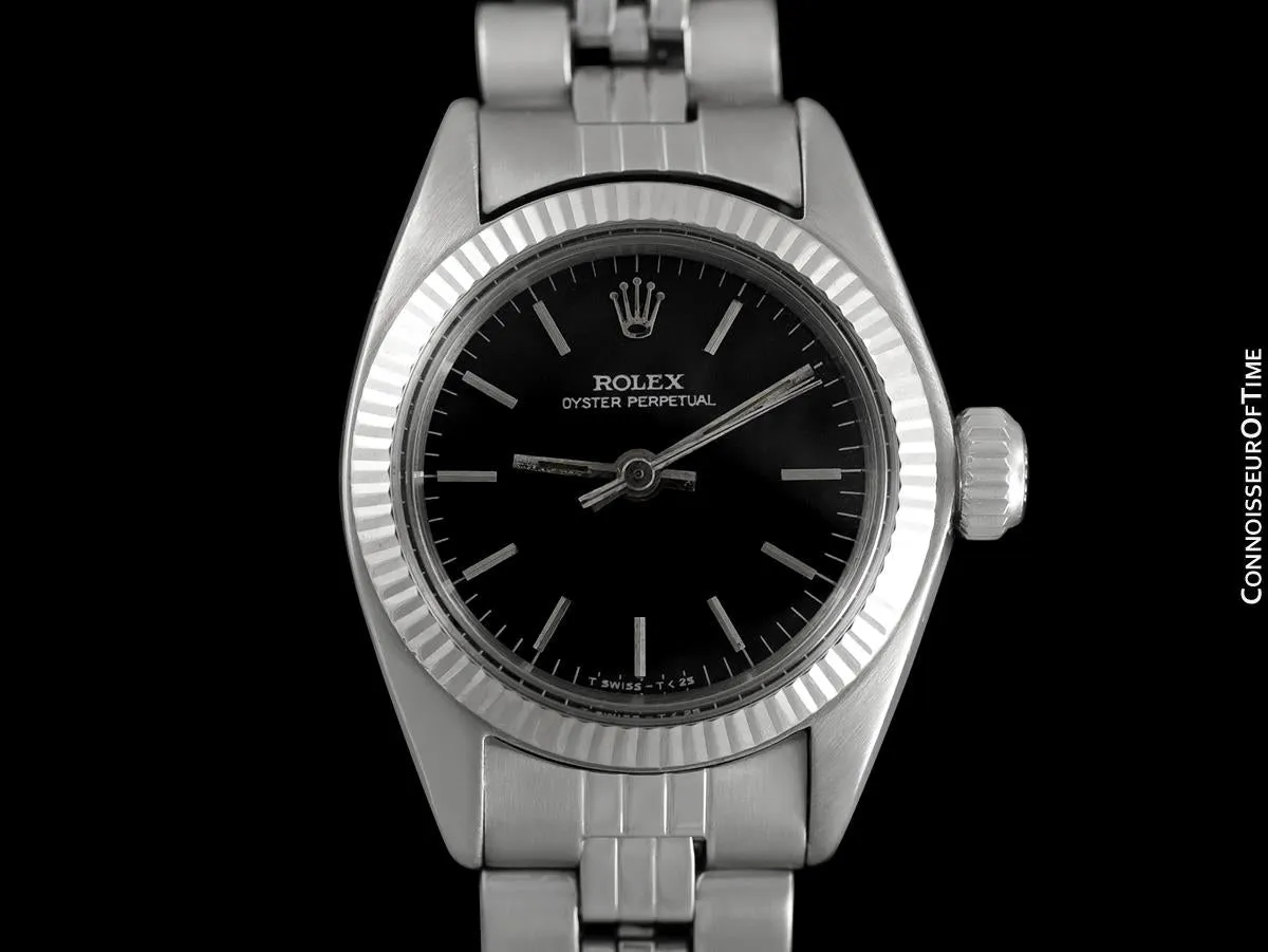1974 Rolex Vintage Ladies Oyster Perpetual Black Dial Ref. 6719 Watch - Stainless Steel & 18K White Gold