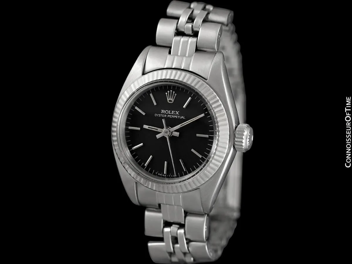 1974 Rolex Vintage Ladies Oyster Perpetual Black Dial Ref. 6719 Watch - Stainless Steel & 18K White Gold