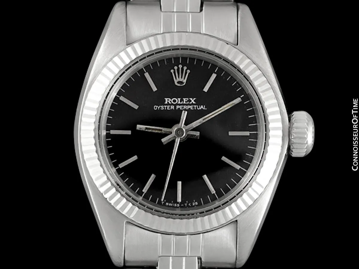 1974 Rolex Vintage Ladies Oyster Perpetual Black Dial Ref. 6719 Watch - Stainless Steel & 18K White Gold