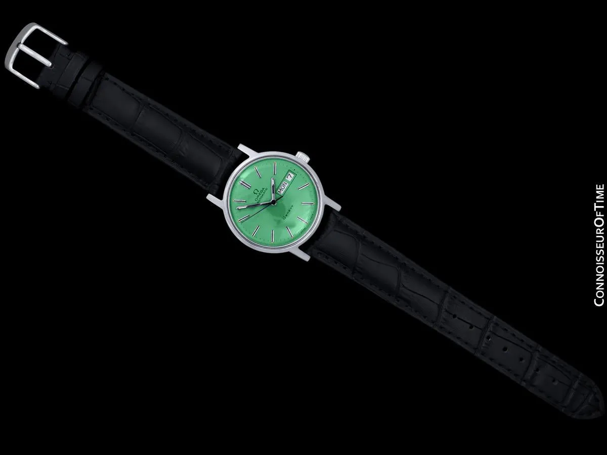 1976 Omega Geneve Vintage Automatic Day Date Mens Green Dial Watch - Stainless Steel