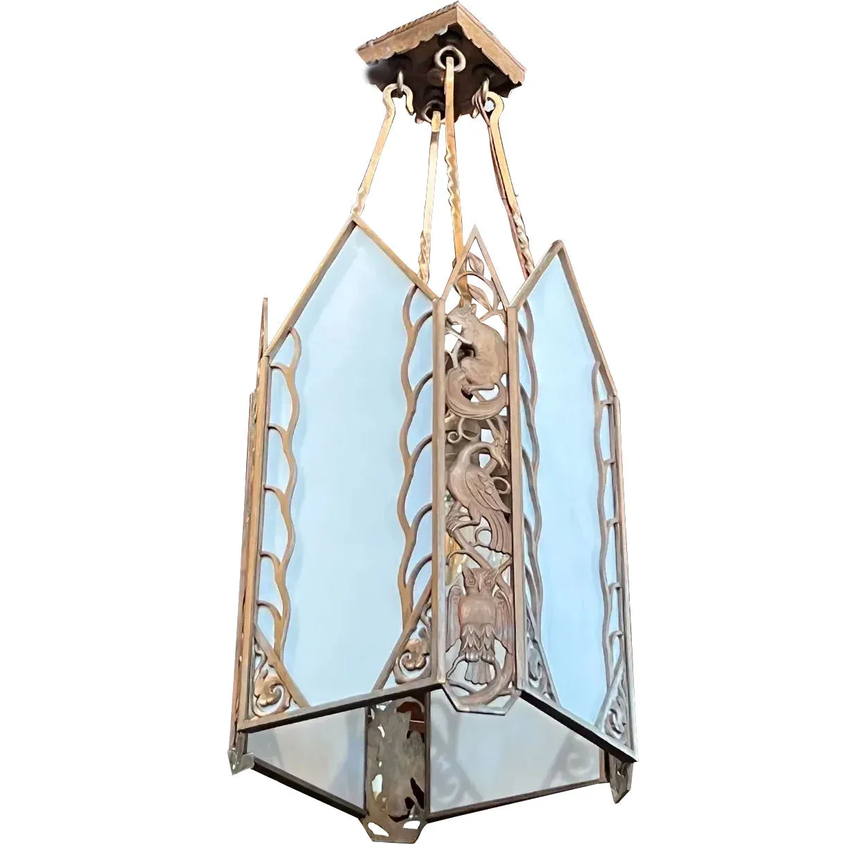 American Albert Sechrist Art Deco Bronze and Glass Four-Light Pendant Light