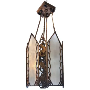 American Albert Sechrist Art Deco Bronze and Glass Four-Light Pendant Light