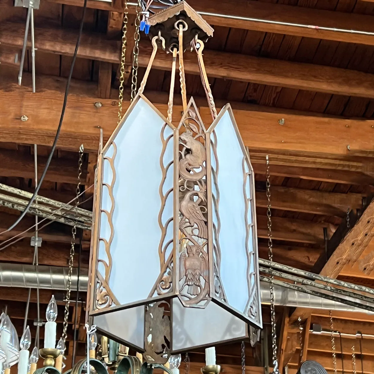 American Albert Sechrist Art Deco Bronze and Glass Four-Light Pendant Light