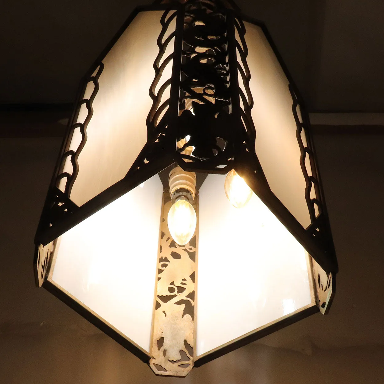 American Albert Sechrist Art Deco Bronze and Glass Four-Light Pendant Light