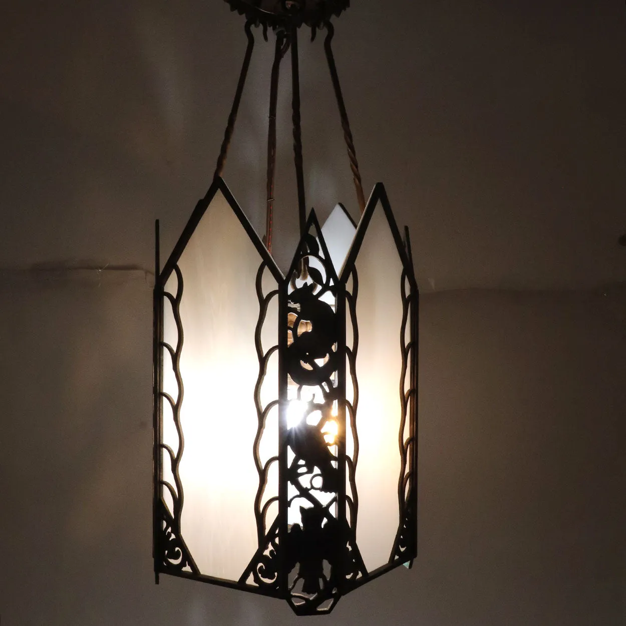 American Albert Sechrist Art Deco Bronze and Glass Four-Light Pendant Light