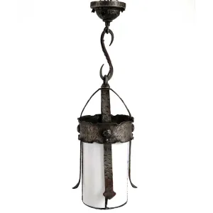 American Albert Sechrist Gothic Revival Wrought Iron and Glass One-Light Pendant Light