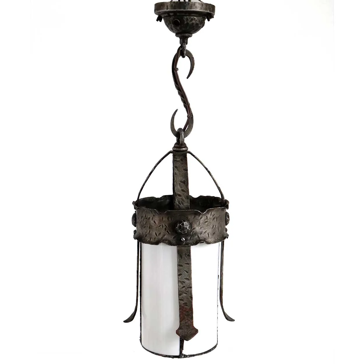 American Albert Sechrist Gothic Revival Wrought Iron and Glass One-Light Pendant Light
