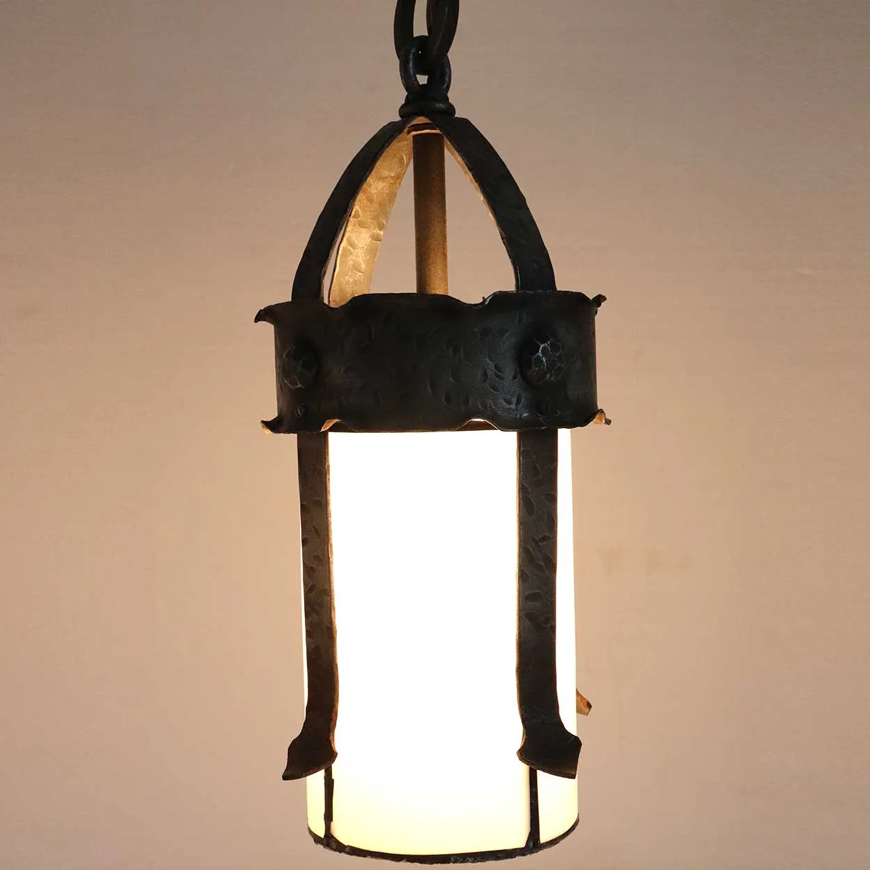 American Albert Sechrist Gothic Revival Wrought Iron and Glass One-Light Pendant Light