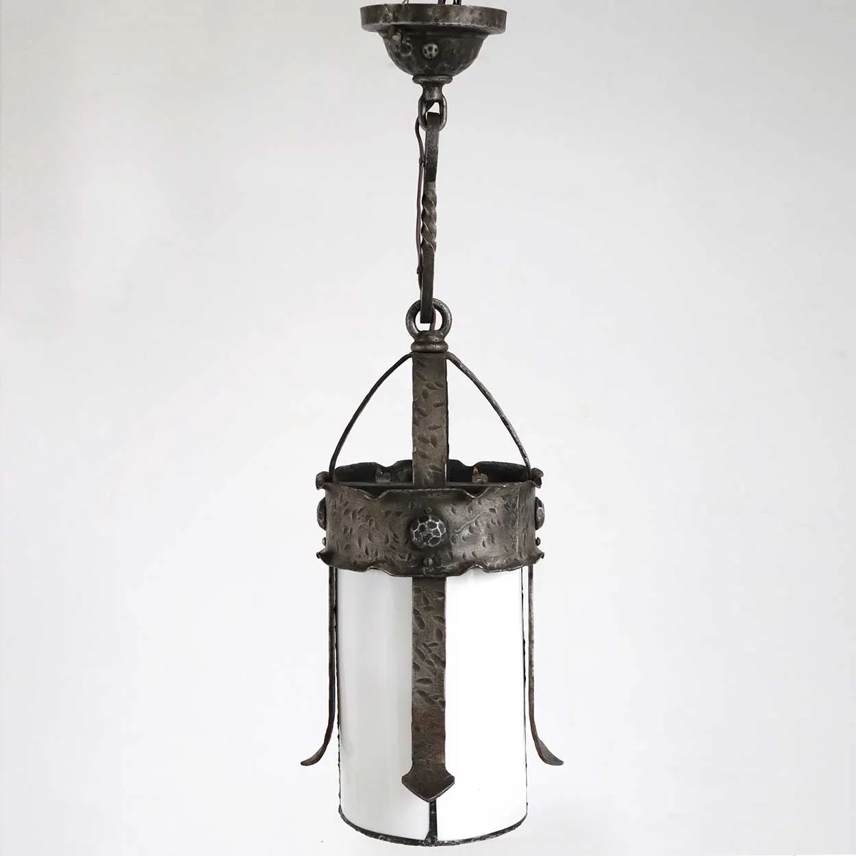American Albert Sechrist Gothic Revival Wrought Iron and Glass One-Light Pendant Light
