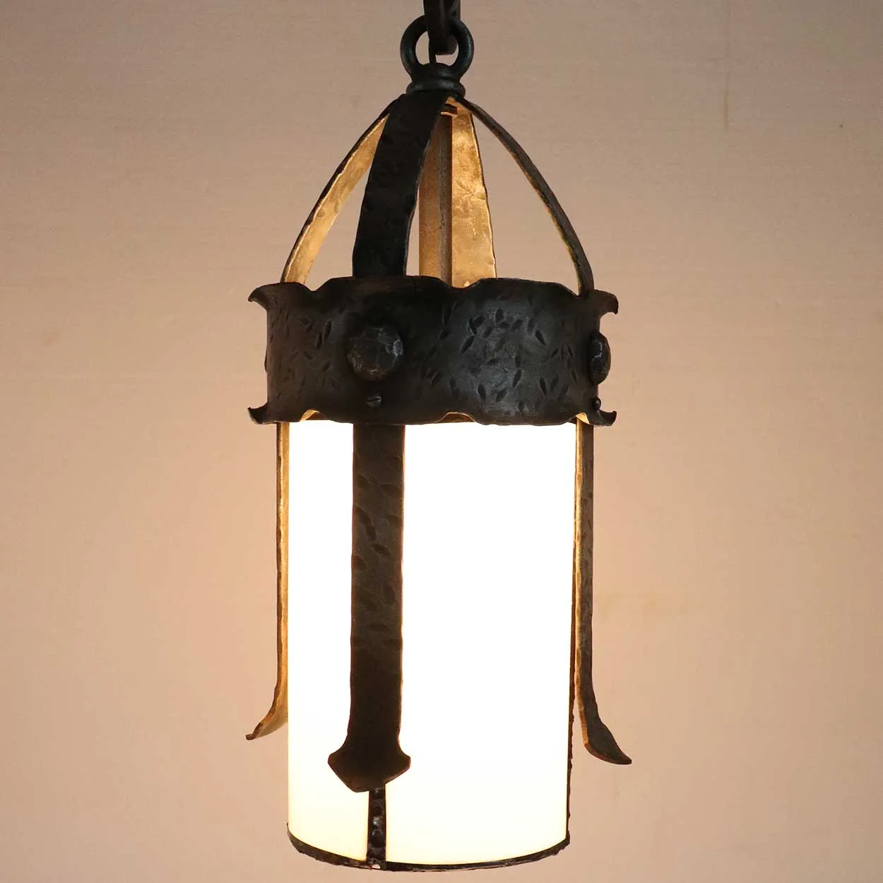 American Albert Sechrist Gothic Revival Wrought Iron and Glass One-Light Pendant Light