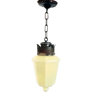 American Albert Sechrist Iron Mounted Opaline Custard Glass One-Light Pendant Light