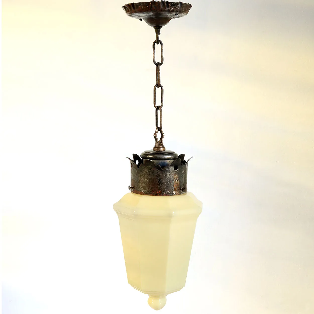 American Albert Sechrist Iron Mounted Opaline Custard Glass One-Light Pendant Light