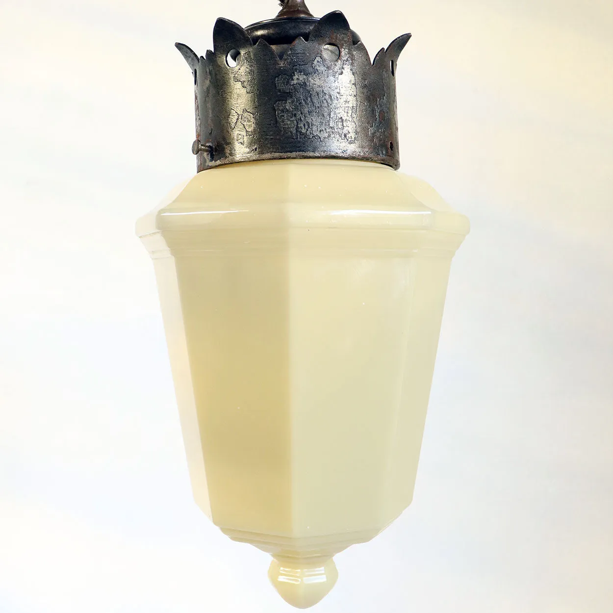 American Albert Sechrist Iron Mounted Opaline Custard Glass One-Light Pendant Light