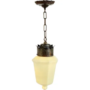 American Albert Sechrist Iron Mounted Opaline Custard Glass One-Light Pendant Light
