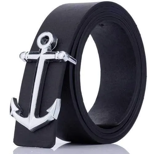 Anchor Shape Plate Buckle Faux Leather Belt - Black