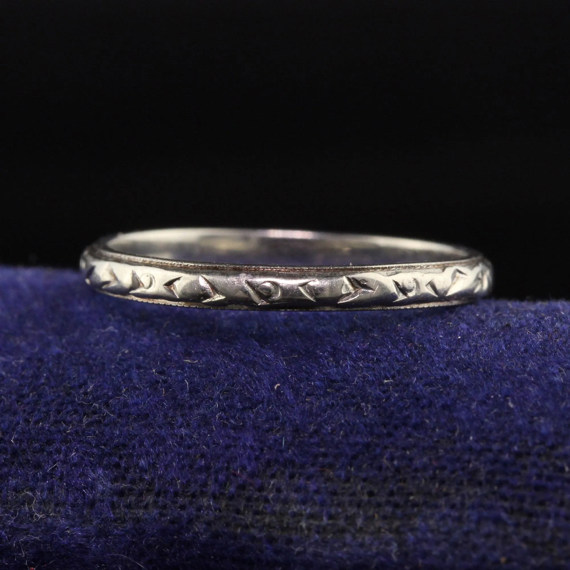 Antique Art Deco 18K White Gold Belais Engraved Wedding Band - Size 6