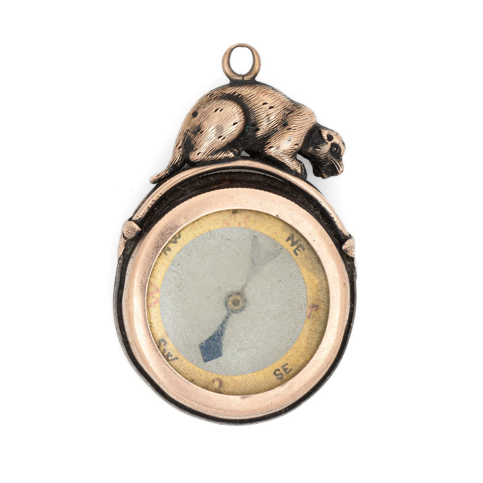 Antique Edwardian Compass Fob 9k Rose Gold Pendant Animal Motif Vintage Jewelry