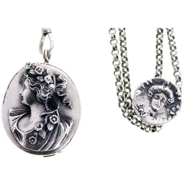 Antique Henryk Winograd .999 Silver Art Nouveau Double Repoussé  Necklace