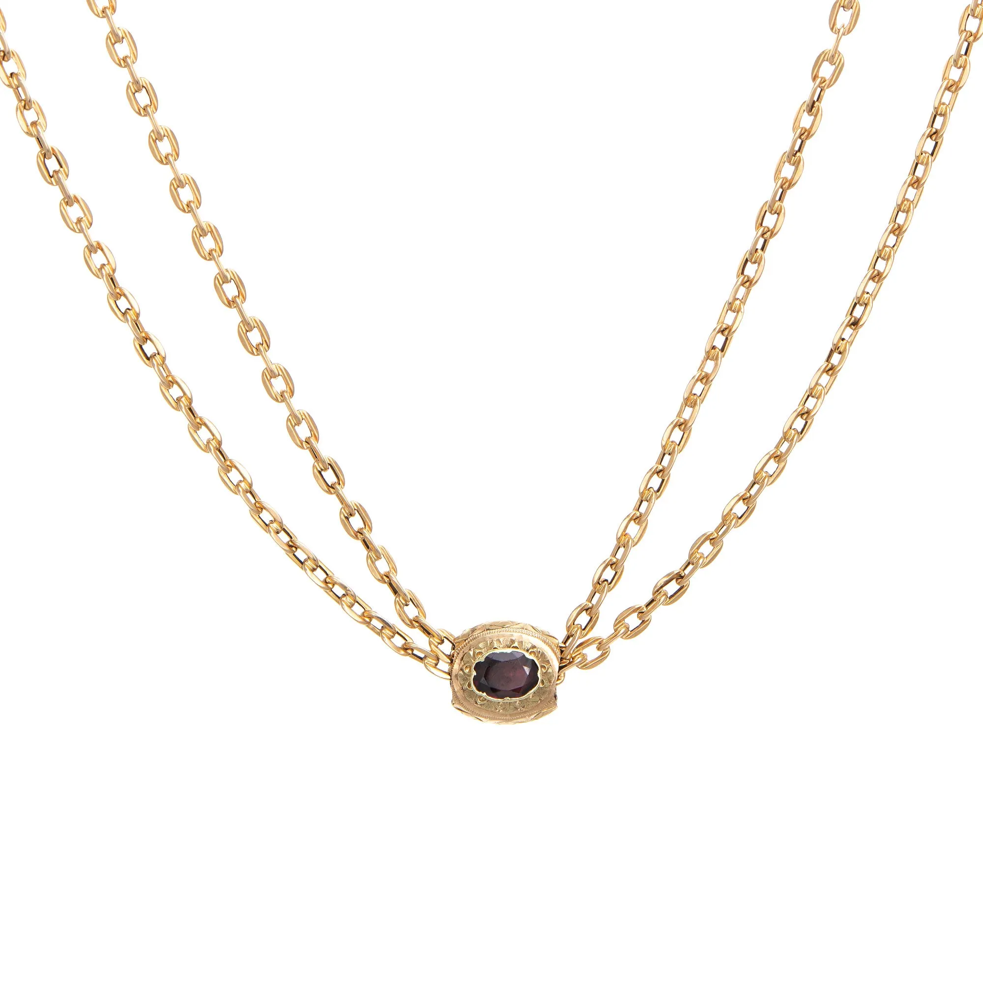 Antique Victorian Slide Chain Necklace 14k Yellow Gold Long 32" Garnet Vintage