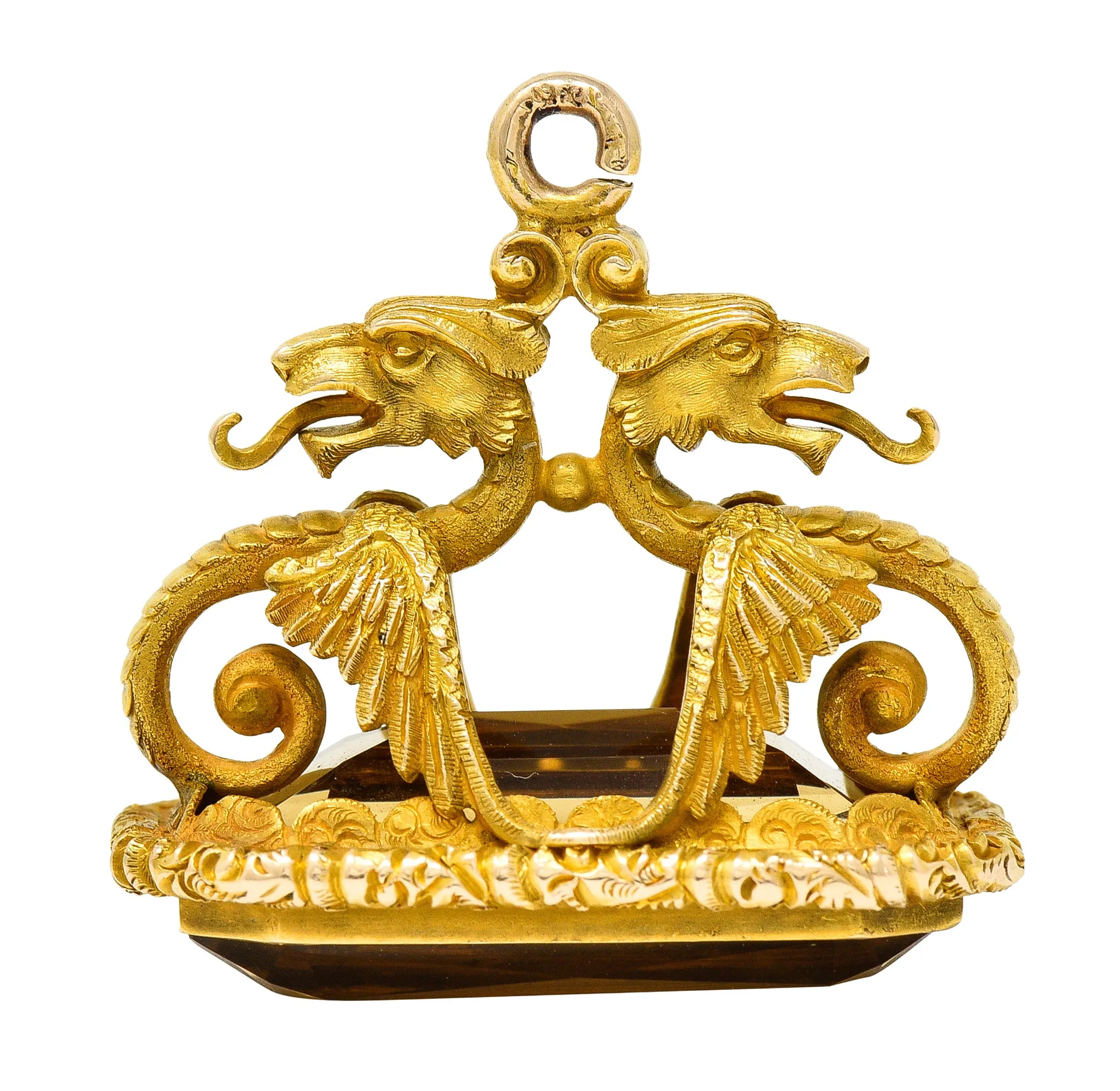 Art Nouveau Citrine 18 Karat Yellow Gold Serpent Dragon Fob Pendant Charm