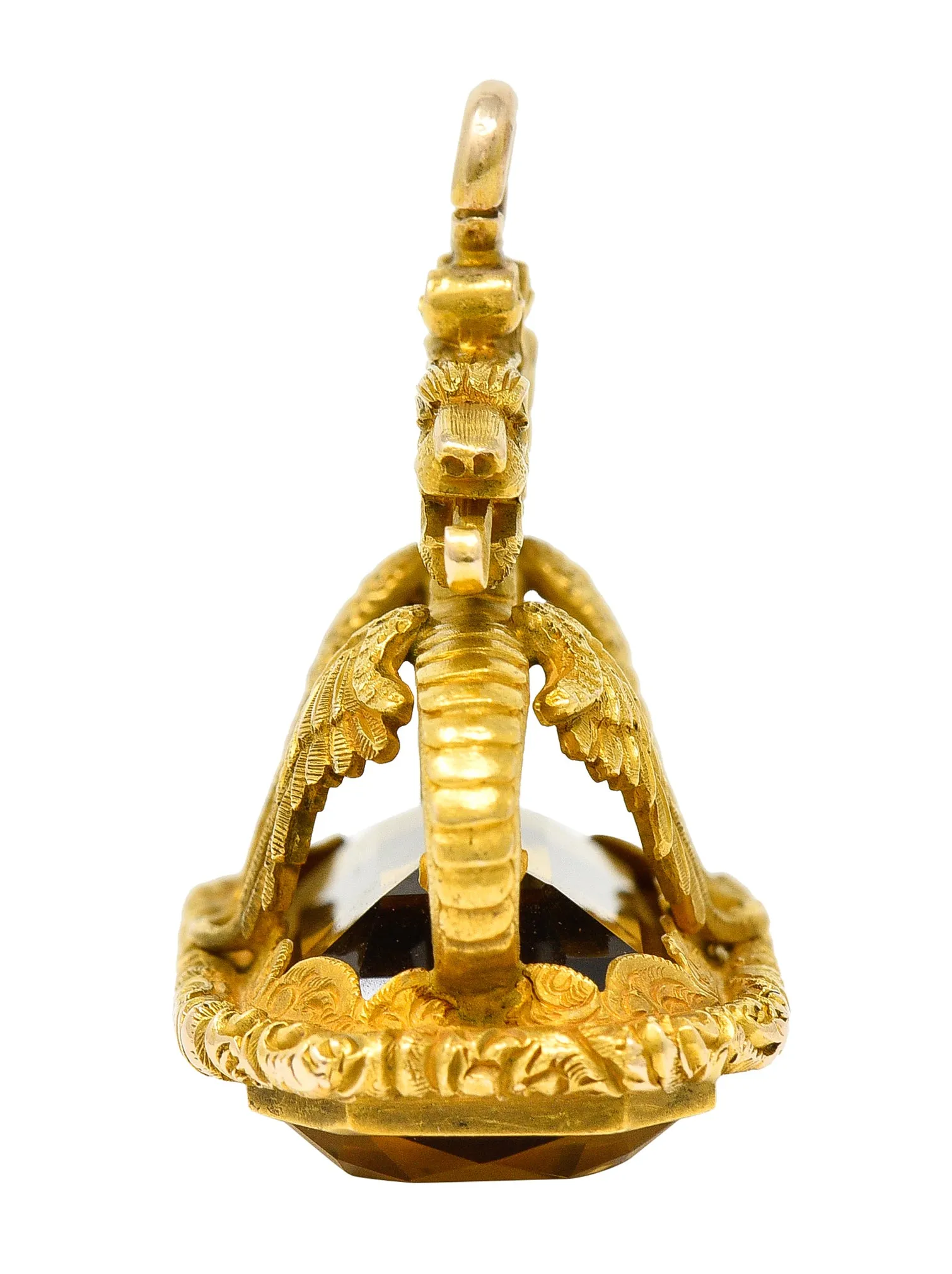 Art Nouveau Citrine 18 Karat Yellow Gold Serpent Dragon Fob Pendant Charm