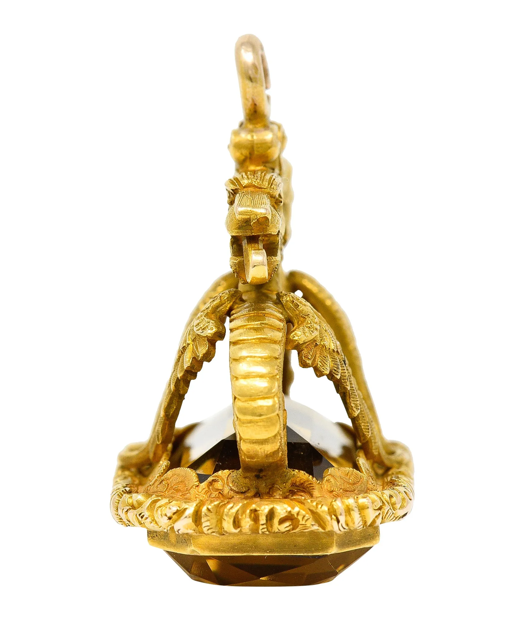 Art Nouveau Citrine 18 Karat Yellow Gold Serpent Dragon Fob Pendant Charm