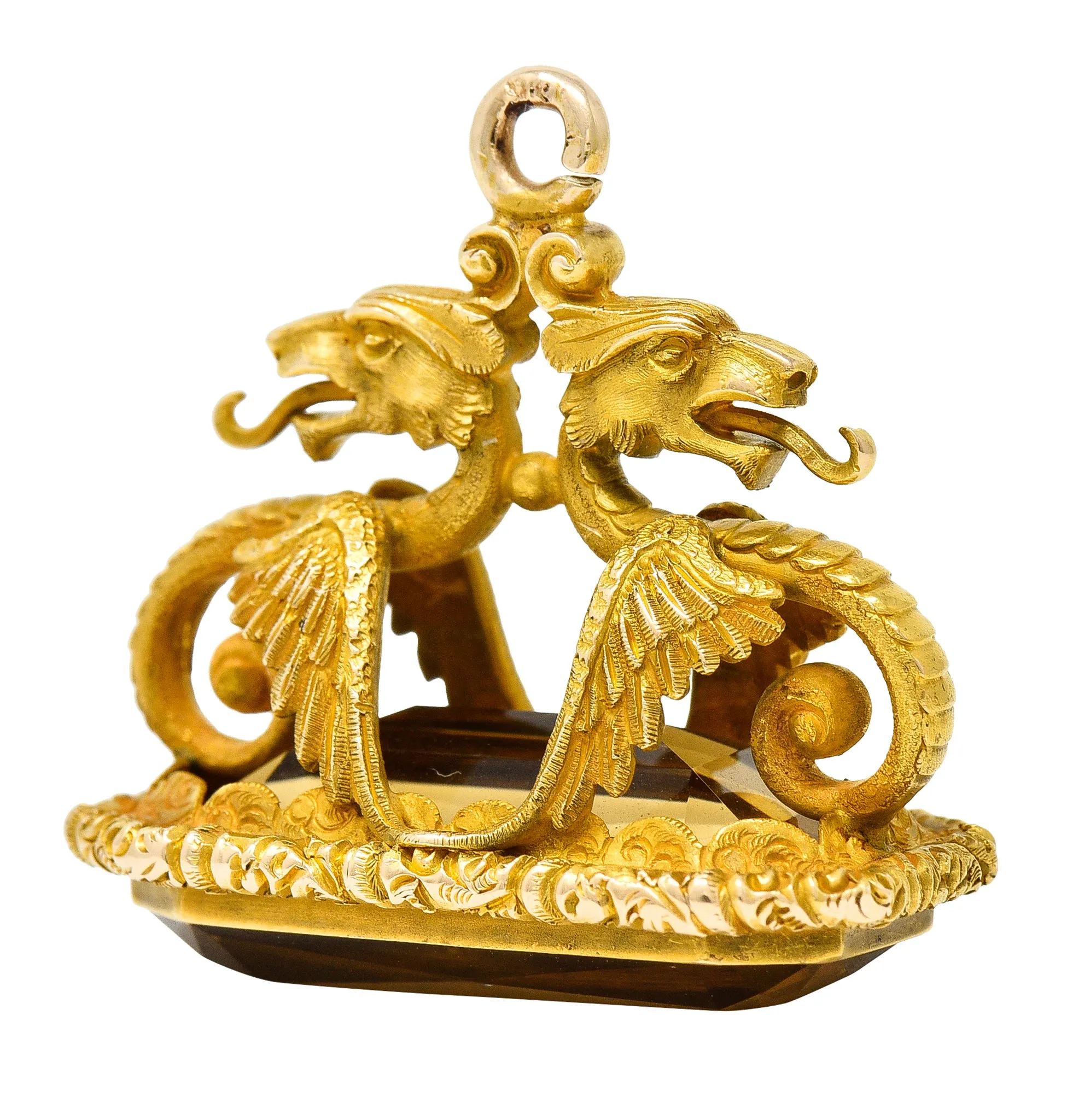 Art Nouveau Citrine 18 Karat Yellow Gold Serpent Dragon Fob Pendant Charm